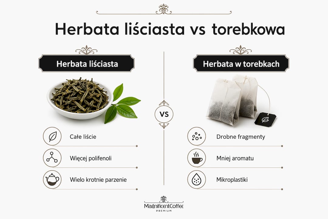 Grafika przedstawiająca zestawienie herbaty liściastej i tej w torebkach – pokazujemy różnice i podobieństwa, by ułatwić wybór.