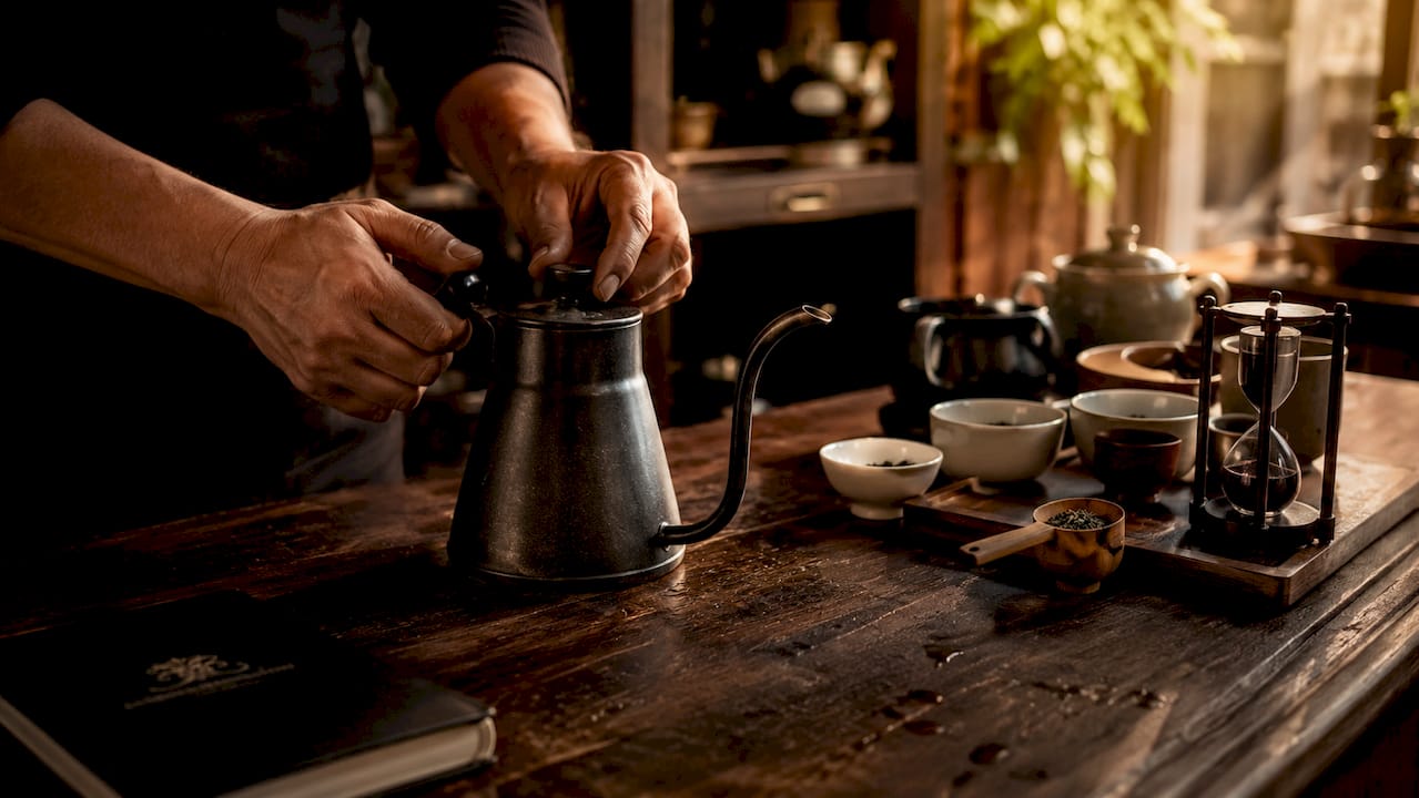 Barista precyzyjnie ustawia temperaturę w czajniku, żeby wydobyć pełnię smaku z najlepszych herbat.