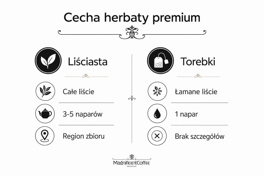Grafika przedstawiająca zestawienie najważniejszych różnic między herbatą premium a popularną herbatą ekspresową.