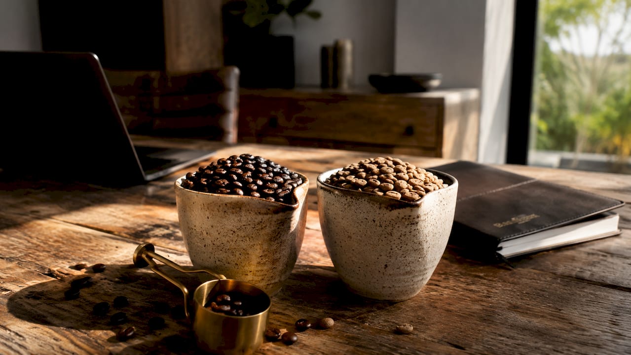 Zbliżenie na ziarna kawy Arabica i Robusta