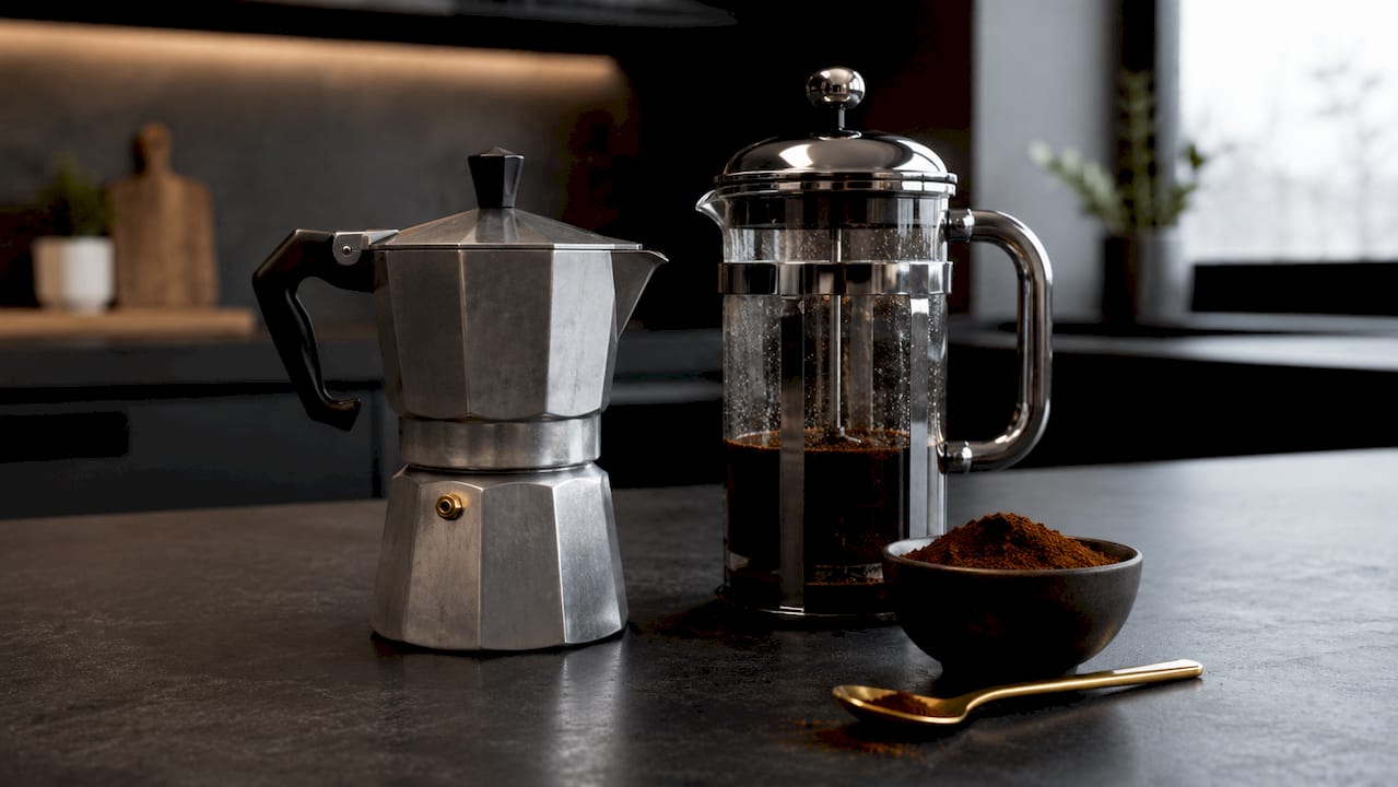 Na drewnianym stole stoją kawiarka i French press, gotowe do przygotowania aromatycznej kawy.