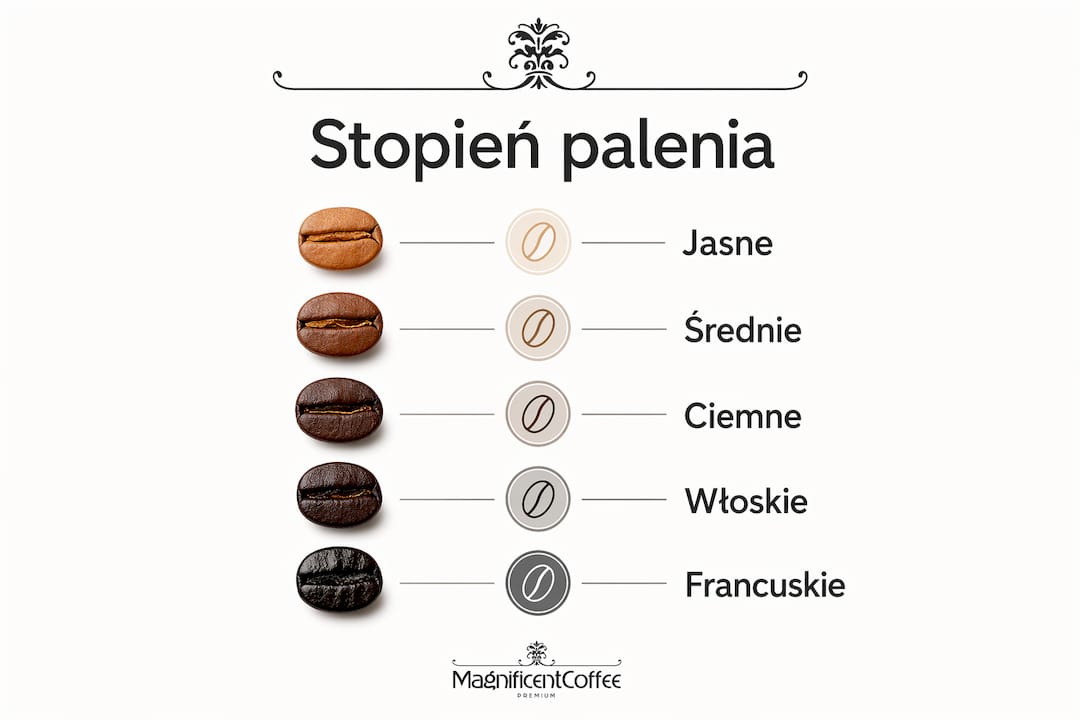 Infografika przedstawiająca różne stopnie wypalenia kawy i ich wpływ na smak napoju