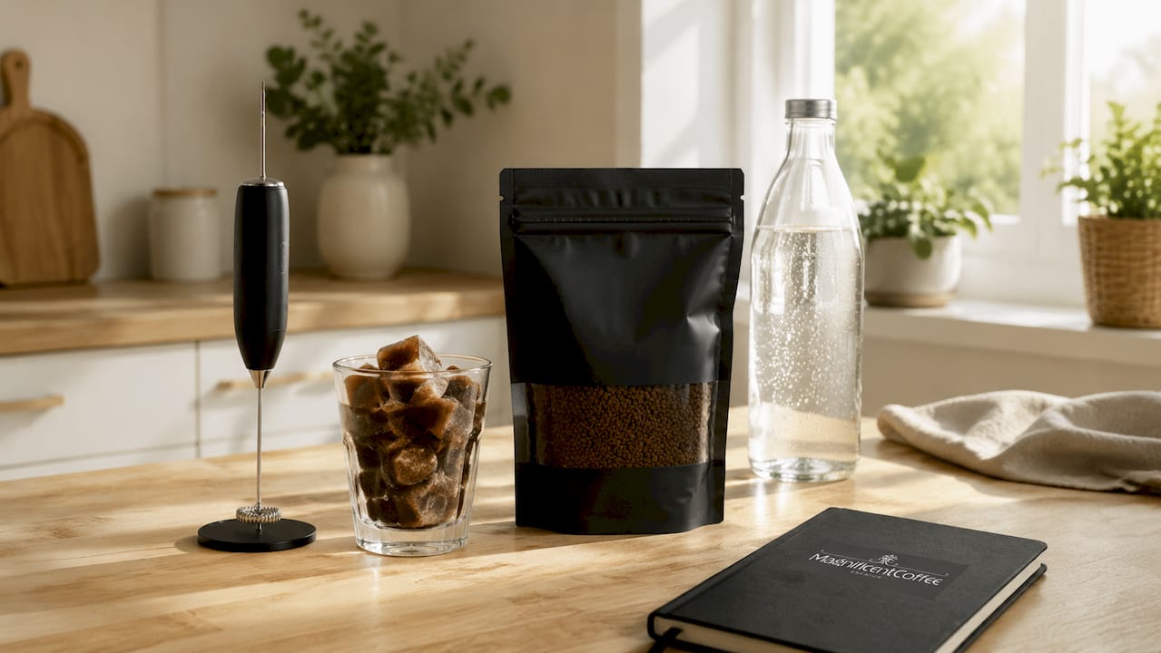 Wszystko, co potrzebne do przygotowania frappe, rozłożone na kuchennym stole