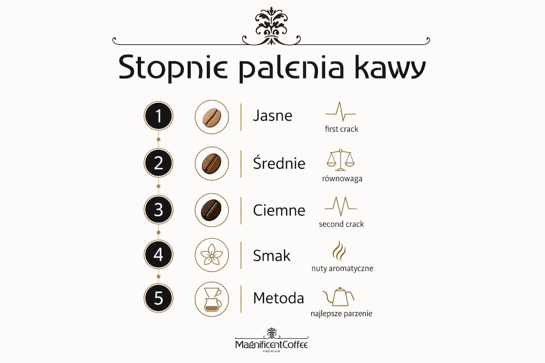 Grafika przedstawiająca różne poziomy wypalania kawy wraz z ich charakterystyką