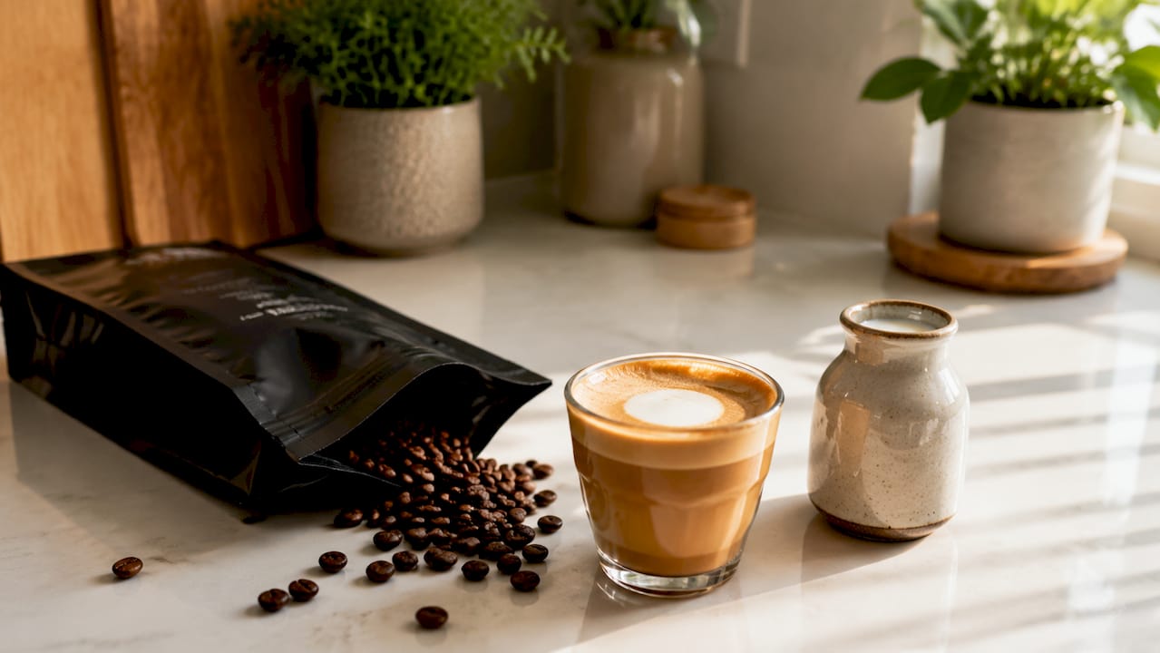 W kawiarni delektuję się cortado podanym w szklance – aromatyczna kawa ze świeżo mielonych ziaren i odrobiną mleka.