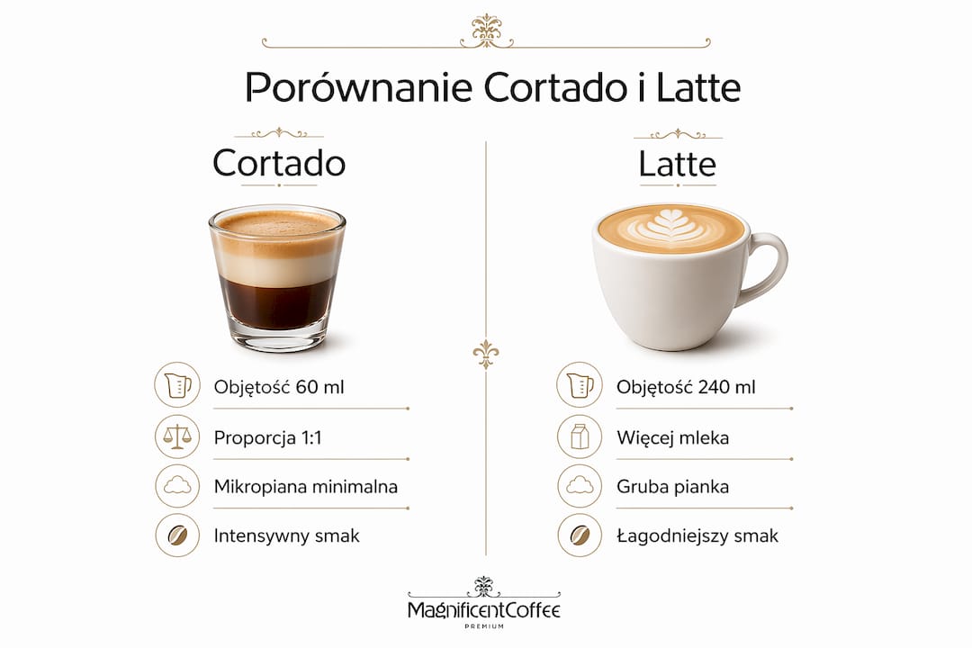 Grafika przedstawiająca najważniejsze różnice między kawą cortado a latte – porównanie kluczowych cech obu napojów.