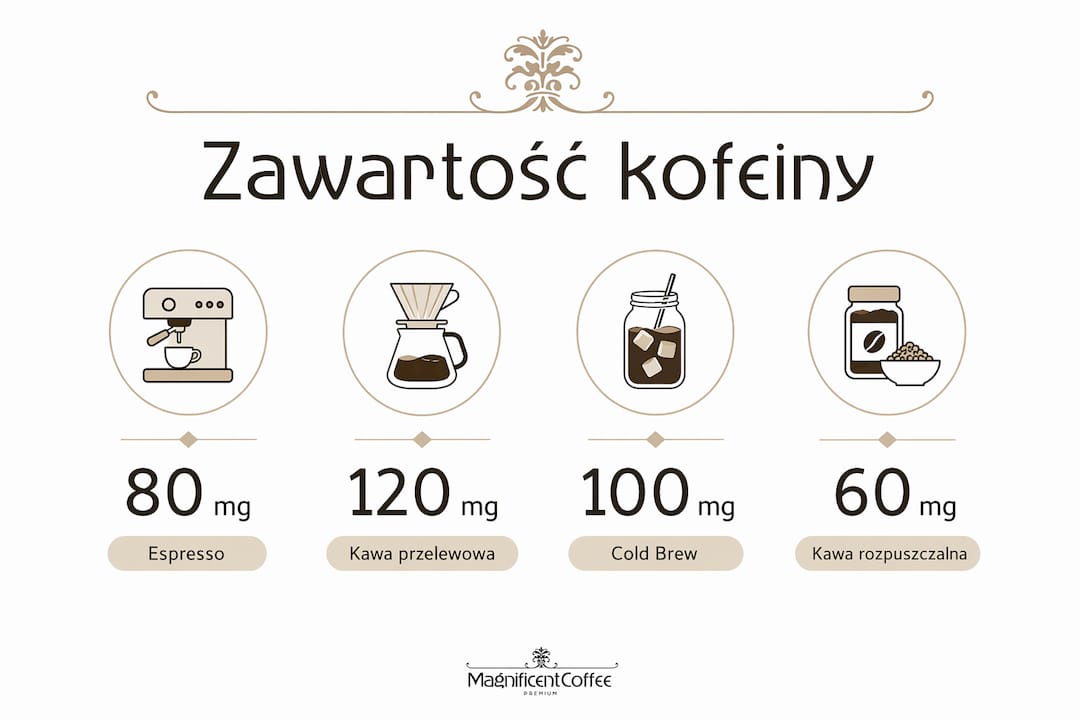 Grafika pokazująca ilość kofeiny w najczęściej wybieranych rodzajach kawy