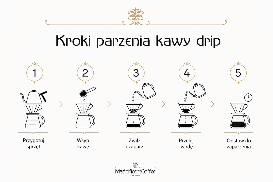 Infografika pokazująca, jak zaparzyć kawę metodą drip – krok po kroku