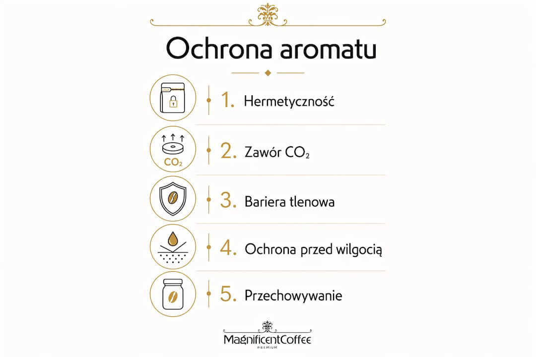 Infografika przedstawiająca kolejne kroki zabezpieczania aromatu kawy