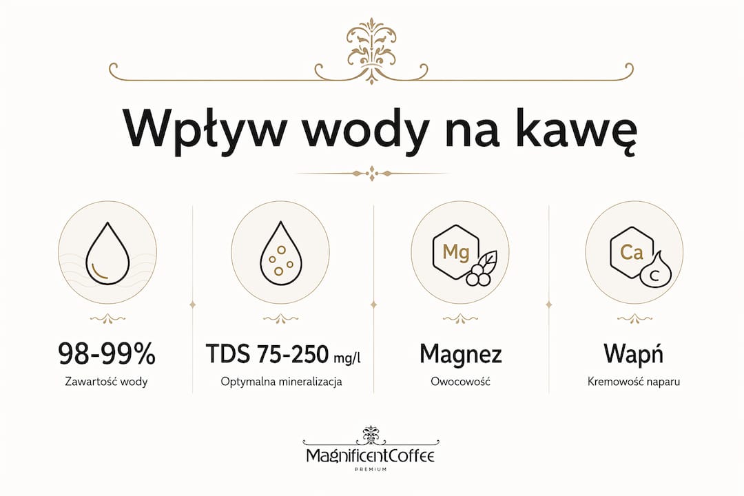 Infografika pokazująca, jak jakość i skład wody wpływają na smak zaparzonej kawy