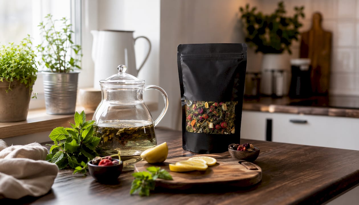 Zestaw do przygotowania cold brew rozłożony na blacie kuchennym, widziany z perspektywy od góry.