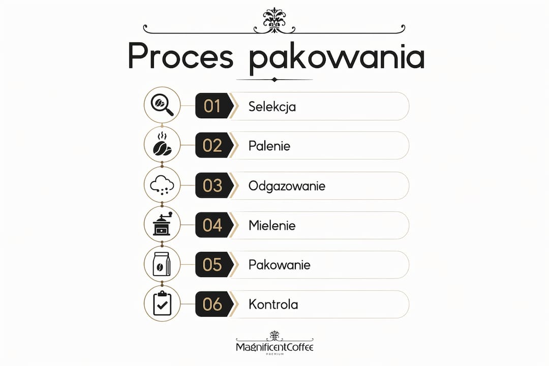 Infografika pokazująca, jak wygląda krok po kroku proces pakowania kawy