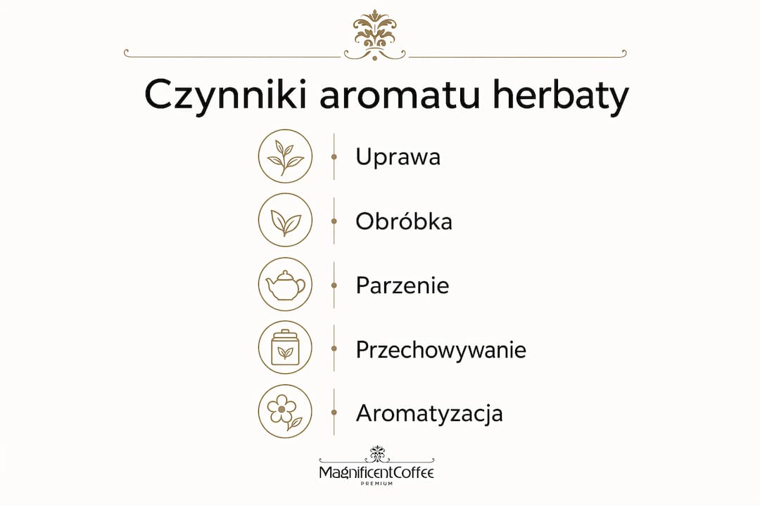 Grafika przedstawiająca kolejne fazy powstawania aromatu herbaty
