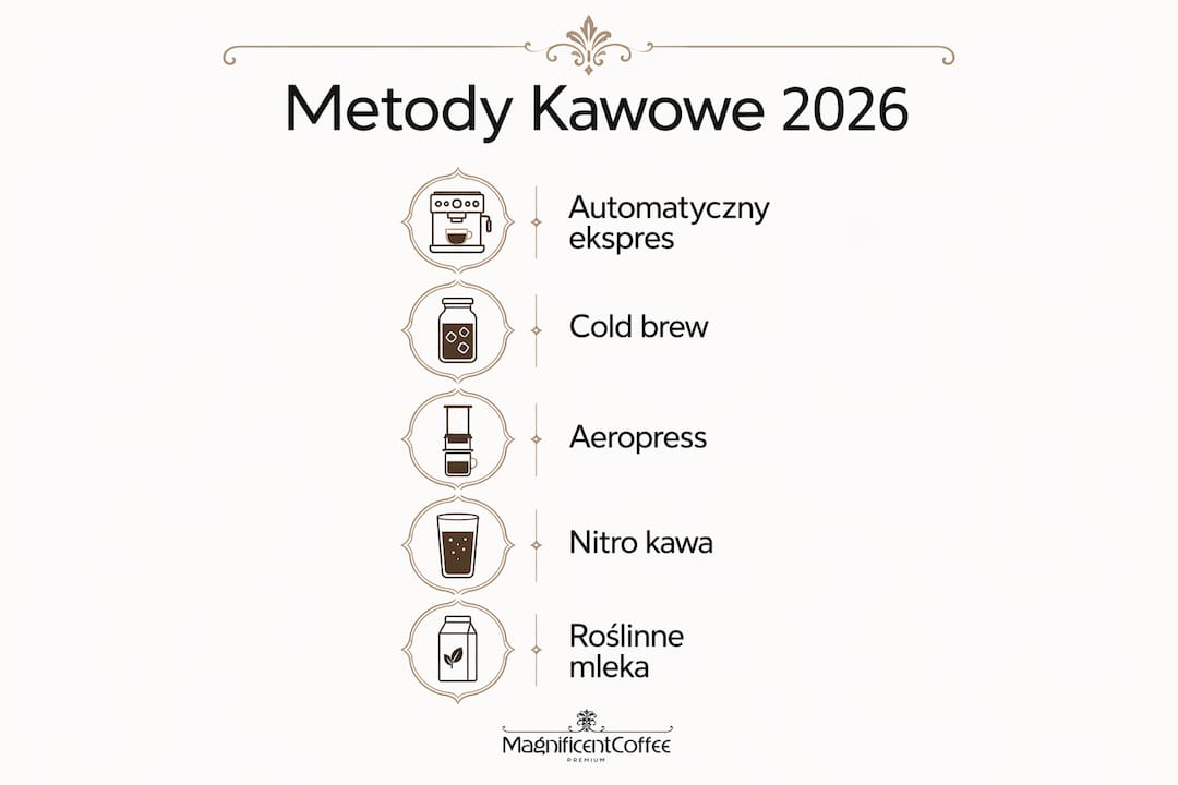 Infografika przedstawiająca najnowsze trendy i sposoby parzenia kawy w biurach w 2026 roku