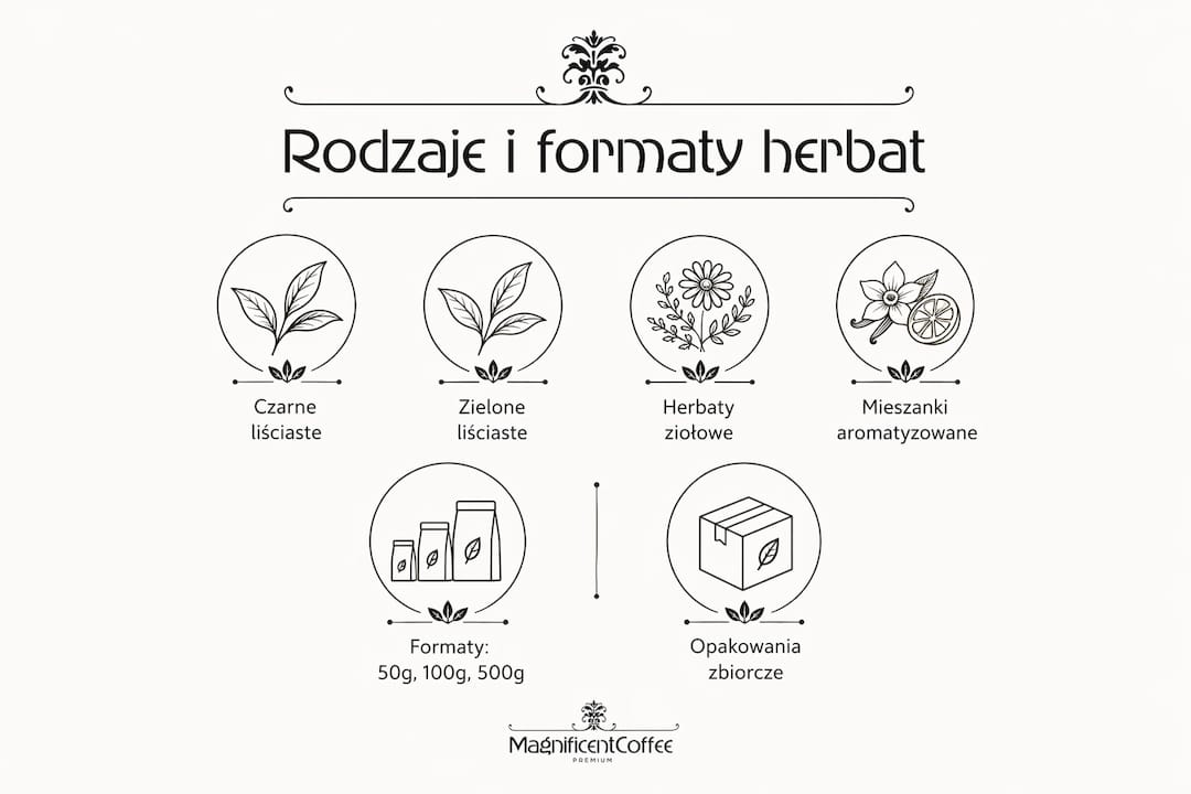 Przejrzysta infografika prezentująca różnorodność herbat i dostępne opakowania w naszym asortymencie hurtowym.