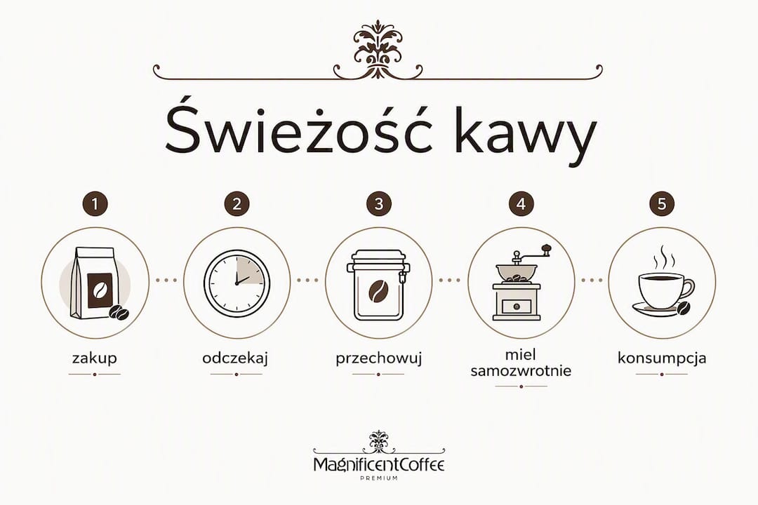 Infografika pokazująca, jak zadbać o świeżość swojej kawy – krok po kroku