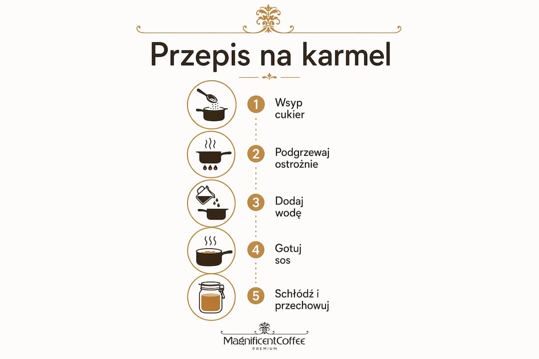 Infografika przedstawiająca, jak krok po kroku przygotować sos oraz syrop karmelowy