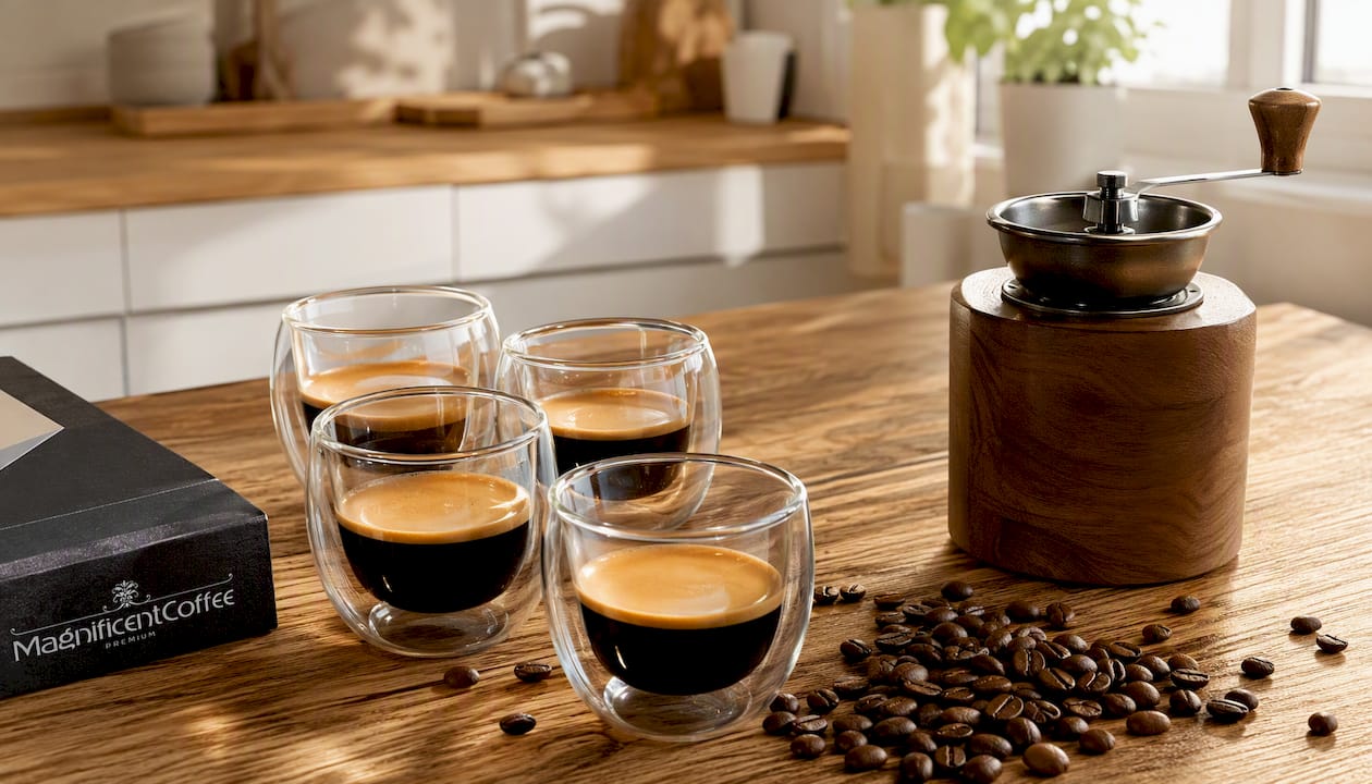 Na blacie kuchennym stoją szklane filiżanki do espresso z podwójnymi ściankami.