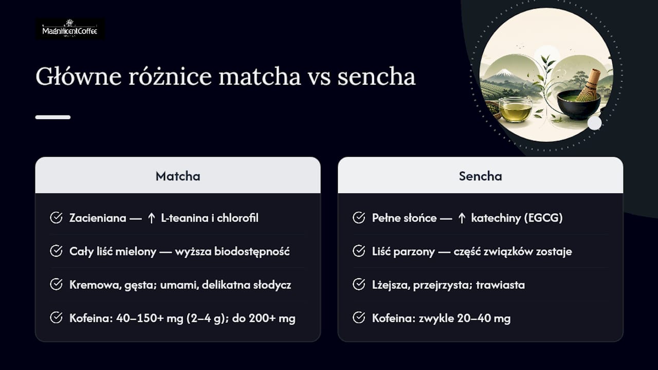Porównanie właściwości herbaty sencha i matcha – infografika