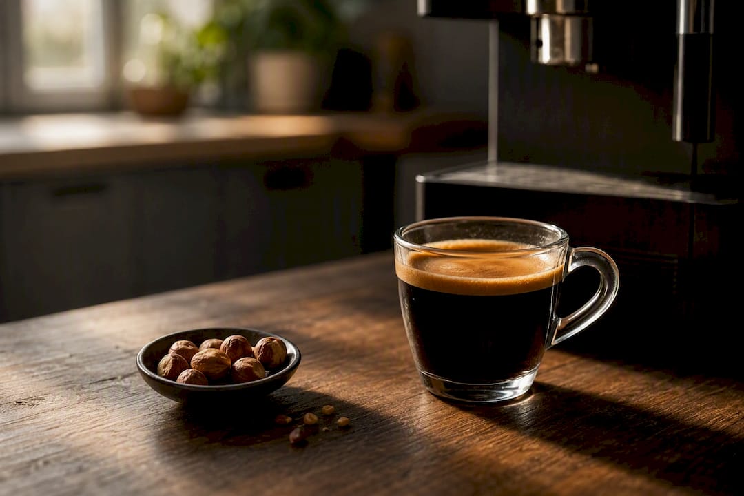 Mała filiżanka espresso podana z orzechami laskowymi na blacie