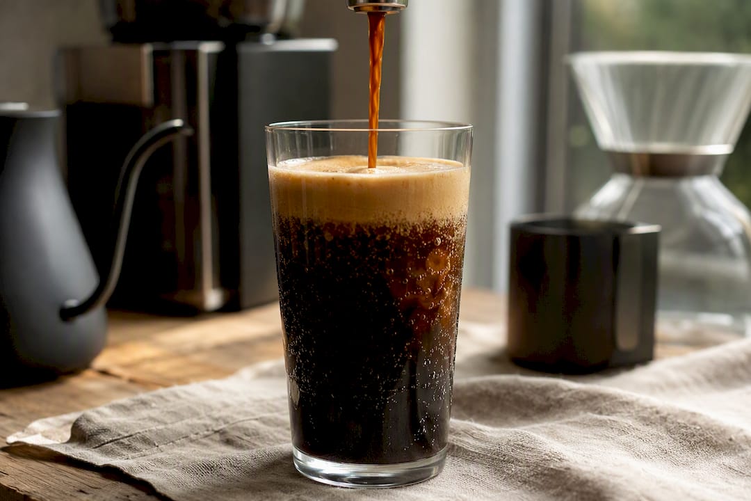 Szklanka nitro cold brew z puszystą pianką i charakterystycznymi bąbelkami.