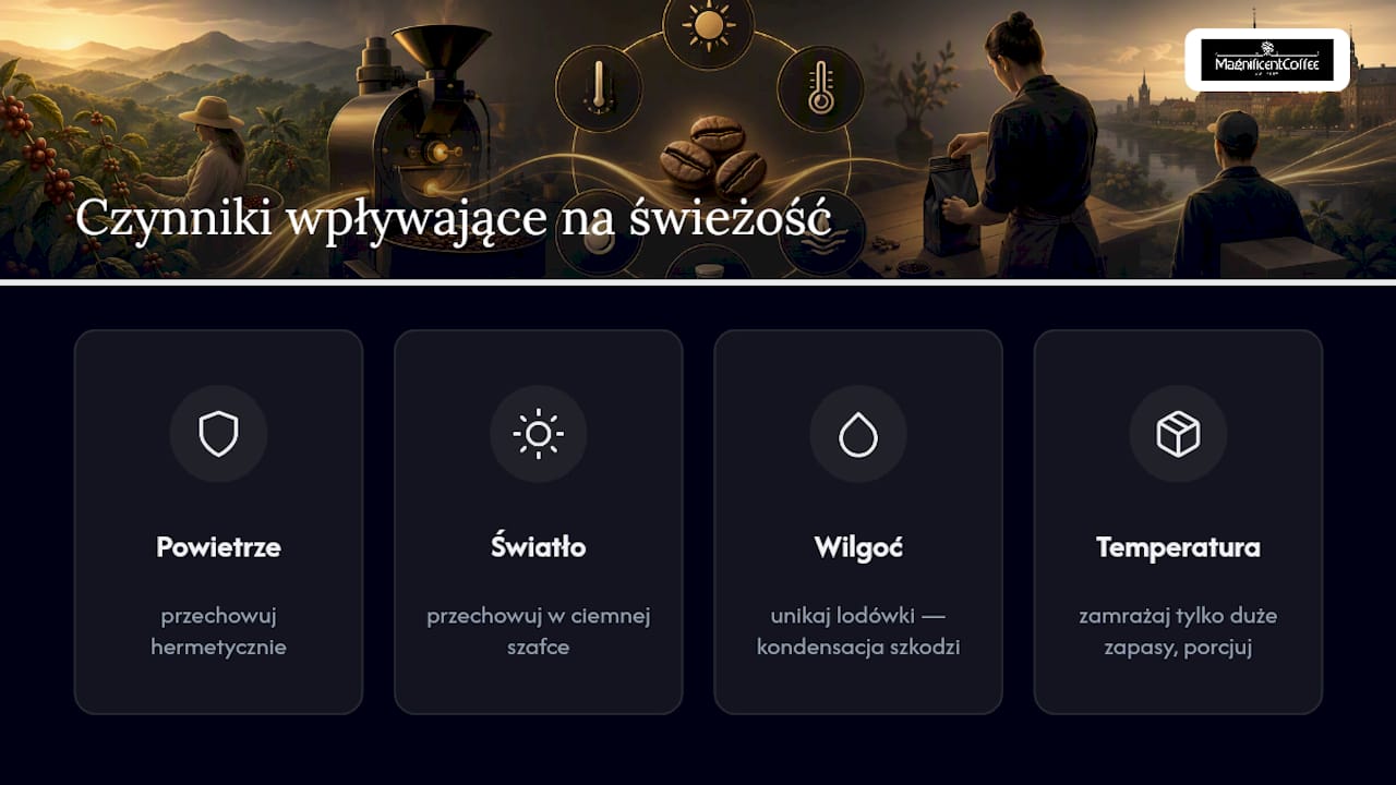 Schemat pokazujący czynniki wpływające na świeżość kawy