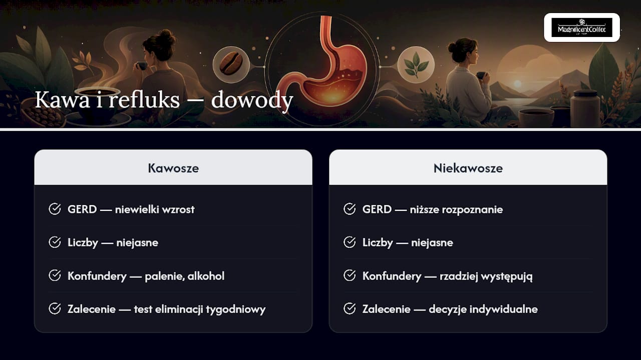 Infografika porównująca ryzyko refluksu żołądkowo-przełykowego u osób pijących kawę i niepijących