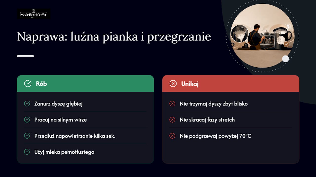Co robić, gdy pianka jest za luźna albo mleko przegrzane? — overview diagram