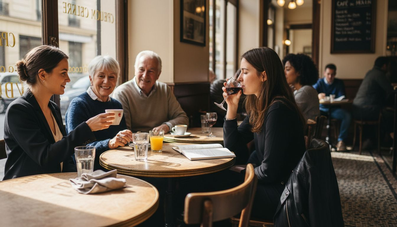 Dans un café typiquement français, les clients savourent toutes sortes de boissons, du petit noir au thé en passant par les jus frais, dans une ambiance conviviale et détendue.