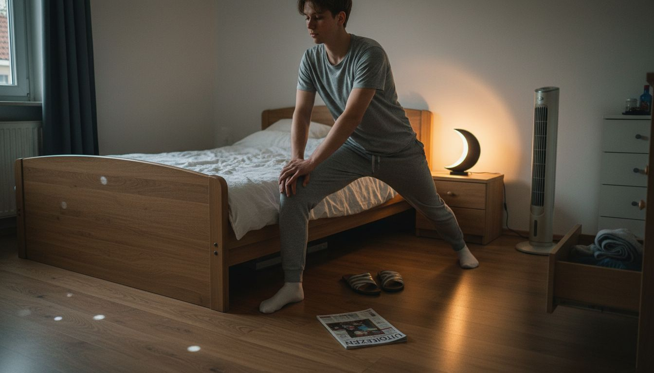 Als onderdeel van zijn avondroutine doet hij wat stretchoefeningen om beter te kunnen slapen.