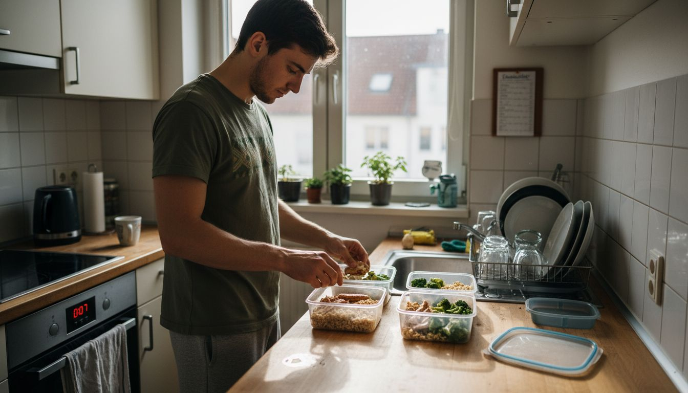 Ein mann bereitete in seiner wohnung gesunde mahlzeiten vor und teilt sie in portionen auf.