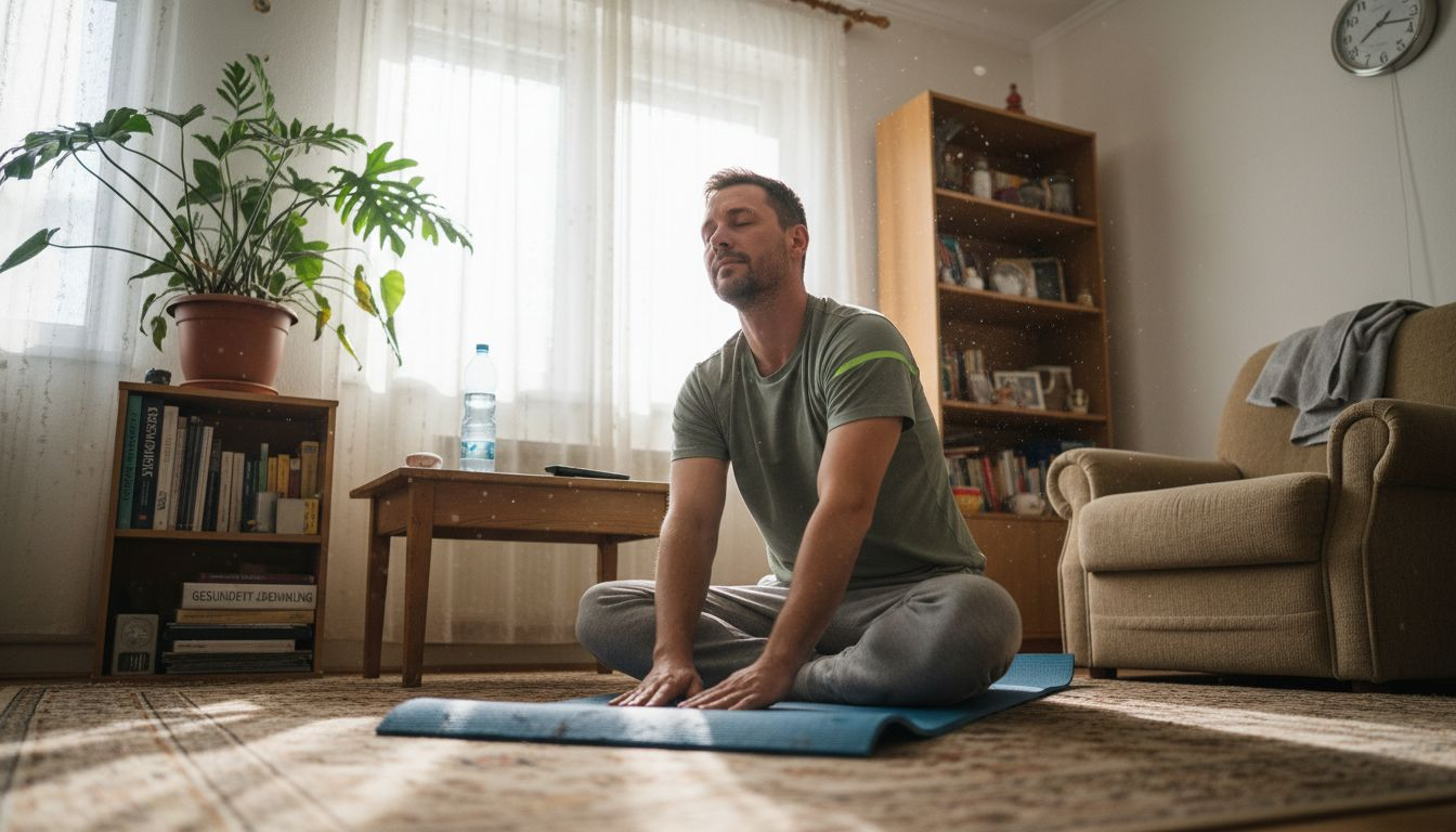 Anleitung Stressabbau Fitness: In 5 Schritten Entspannen! 1 Ein mann entspannt sich zu hause mit dehnübungen, um stress abzubauen.