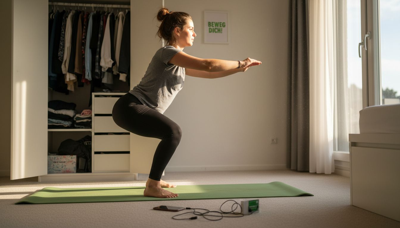Individuellen Trainingsplan Erstellen Um Deine Ziele Erreichen! 1 Eine frau macht kniebeugen in ihrem gemütlichen schlafzimmer.