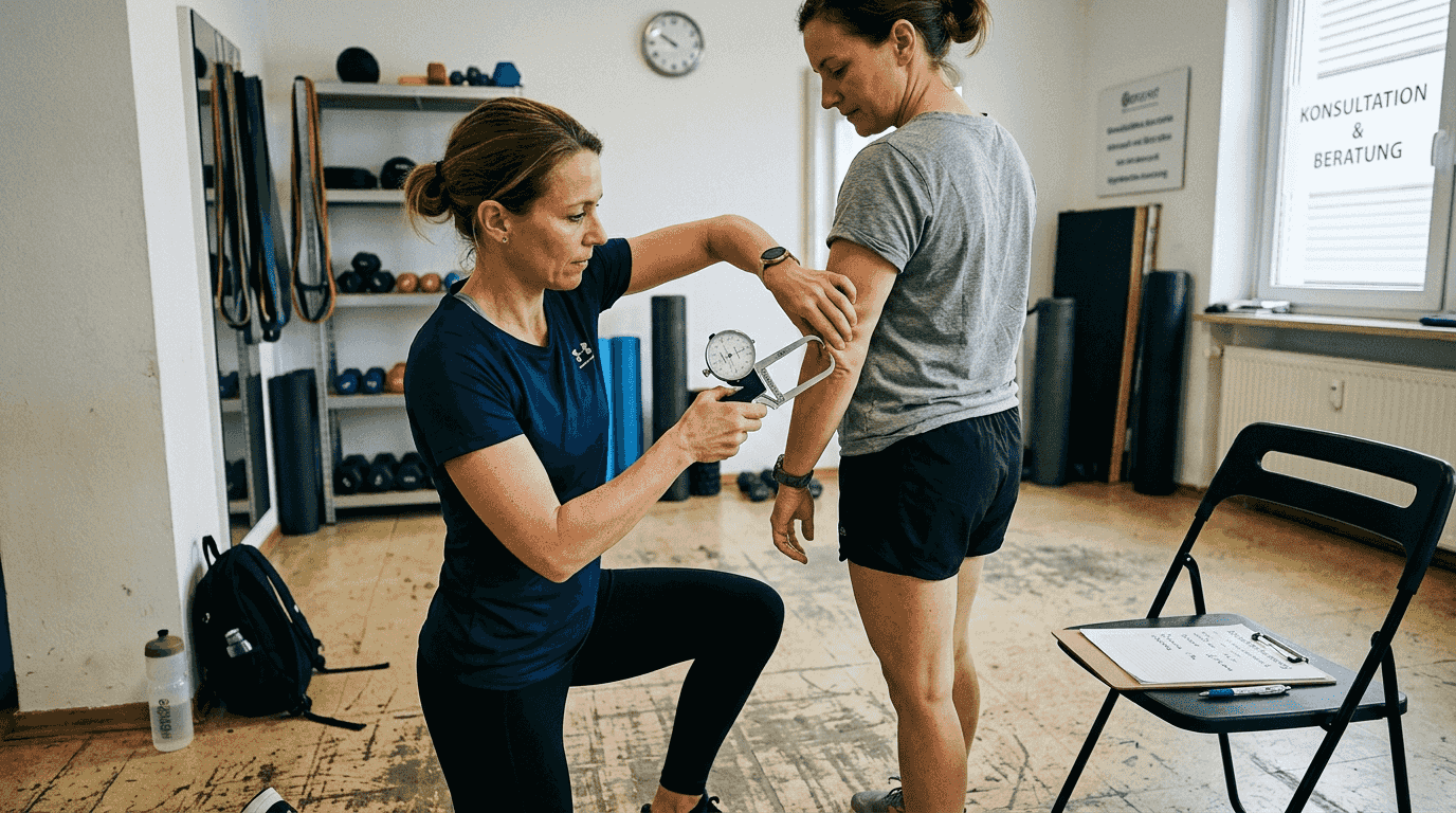 Ein trainer misst im fitnessstudio mit einer fettzange die hautfalten am oberarm seines schützlings.