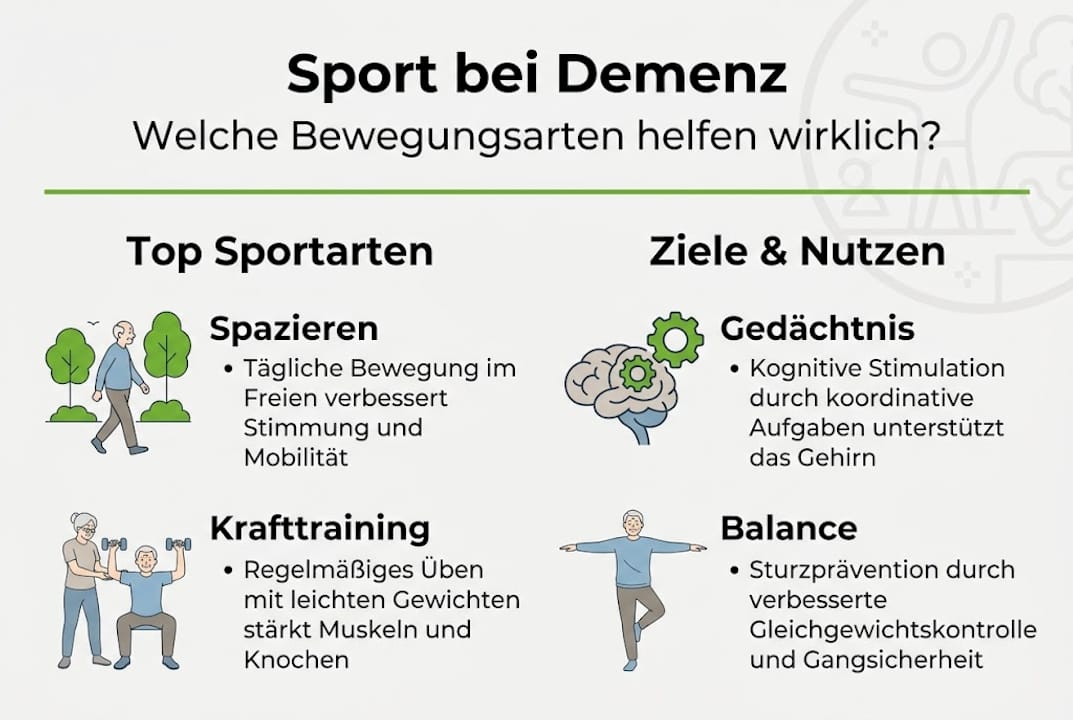 Infografik: welche sportarten sich bei demenz besonders eignen und wie sie betroffenen helfen können