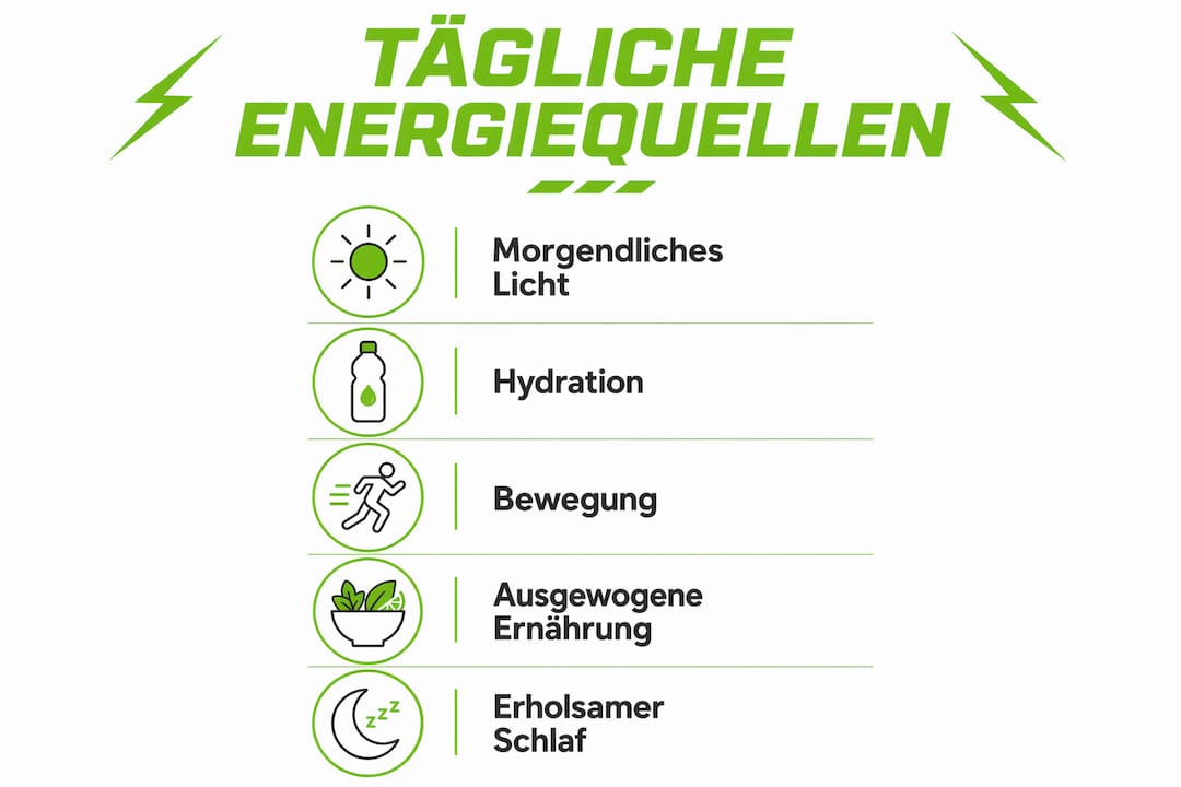 Wie Bleibe Ich Fit, Klar Und Energiegeladen: Dein Leitfaden! 3 Grafik: fünf einfache wege, wie du täglich neue energie tanken kannst