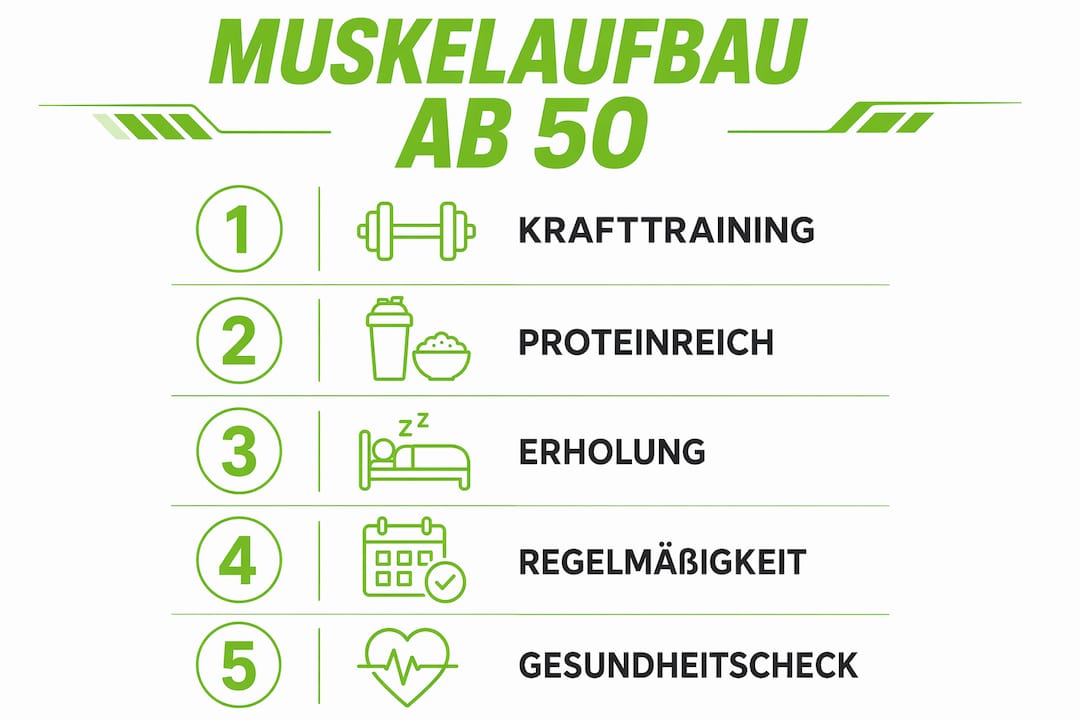 Grafik: so gelingt muskelaufbau ab 50 – die 5 wichtigsten schritte auf einen blick