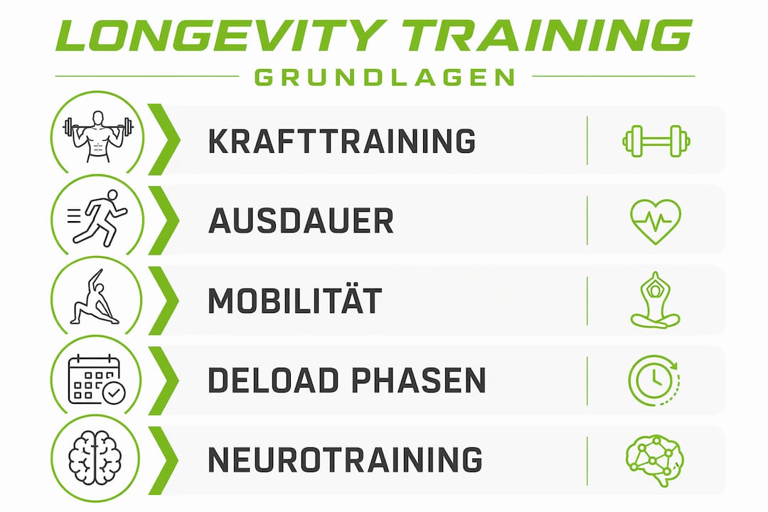 Longevity Training: Fit Und Stark Bis Ins Hohe Alter! 3 Die infografik gibt einen überblick über die wichtigsten bausteine des longevity-trainings.