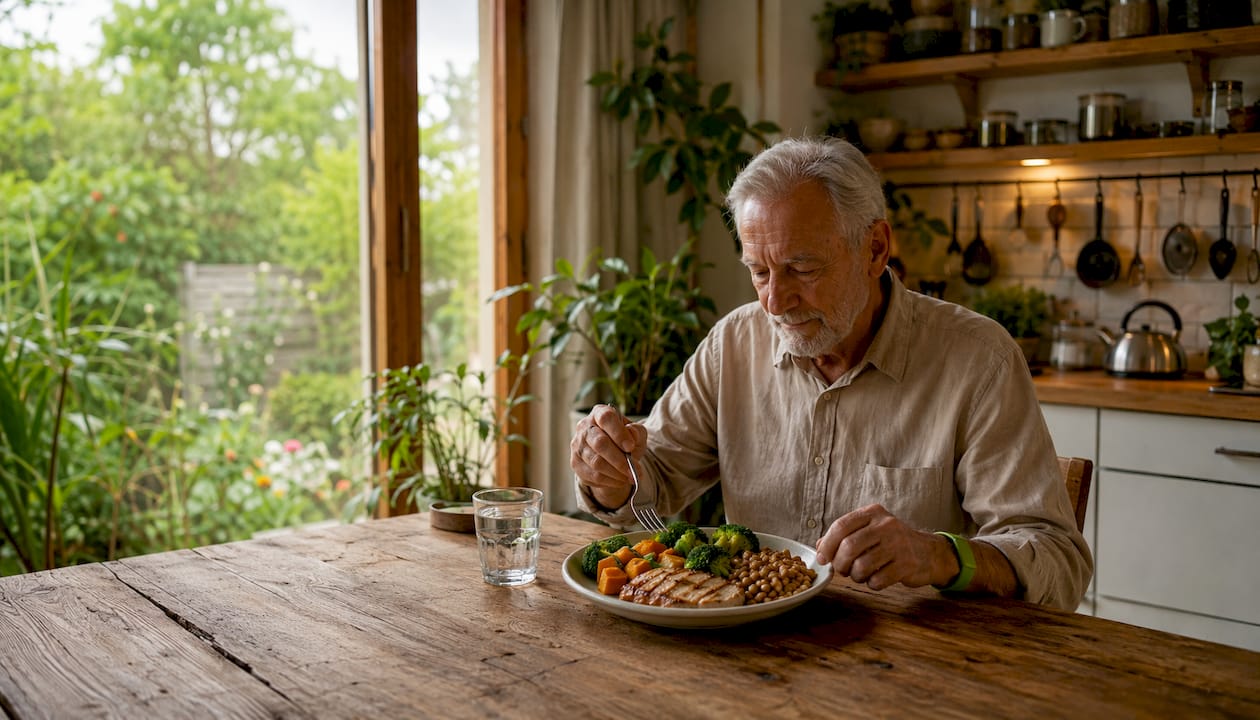Welches Training Gegen Muskelabbau Im Alter: Dein Guide 2026! 5 Ein senior genießt eine eiweißreiche mahlzeit in seiner küche.
