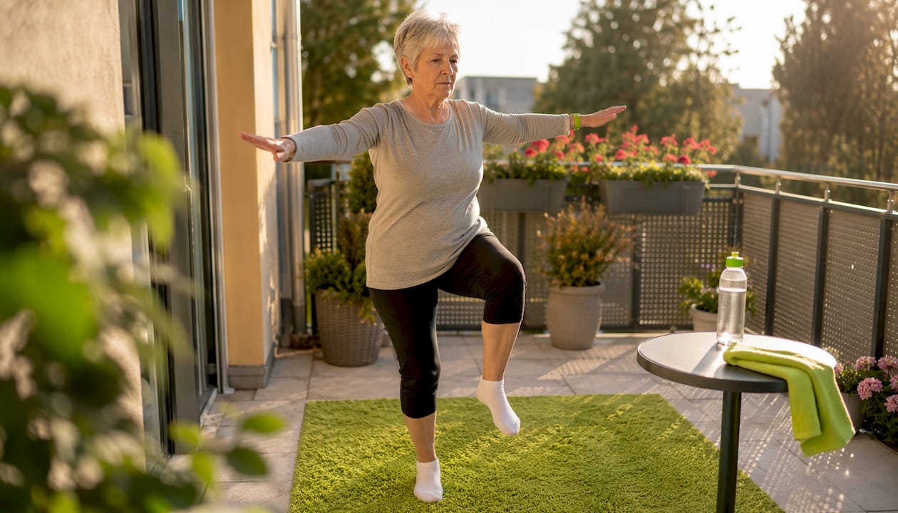 Welches Training Gegen Muskelabbau Im Alter: Dein Guide 2026! 3 Eine ältere dame trainiert draußen im garten ihr gleichgewicht.