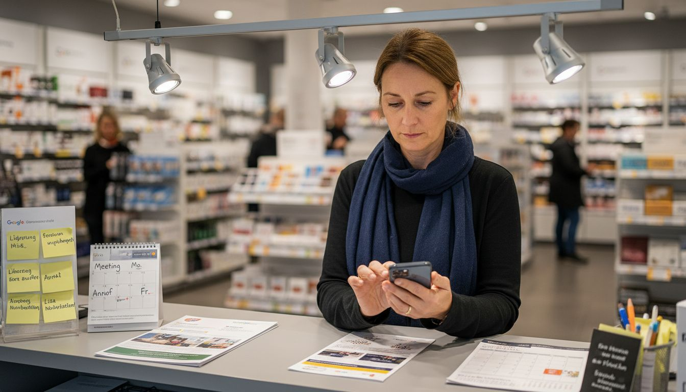 Eine Mitarbeiterin pflegt am Empfang das Google-Unternehmensprofil.