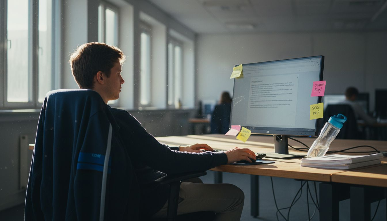 In einem geschäftigen Großraumbüro arbeitet der Content-Manager an der Aktualisierung der Website.