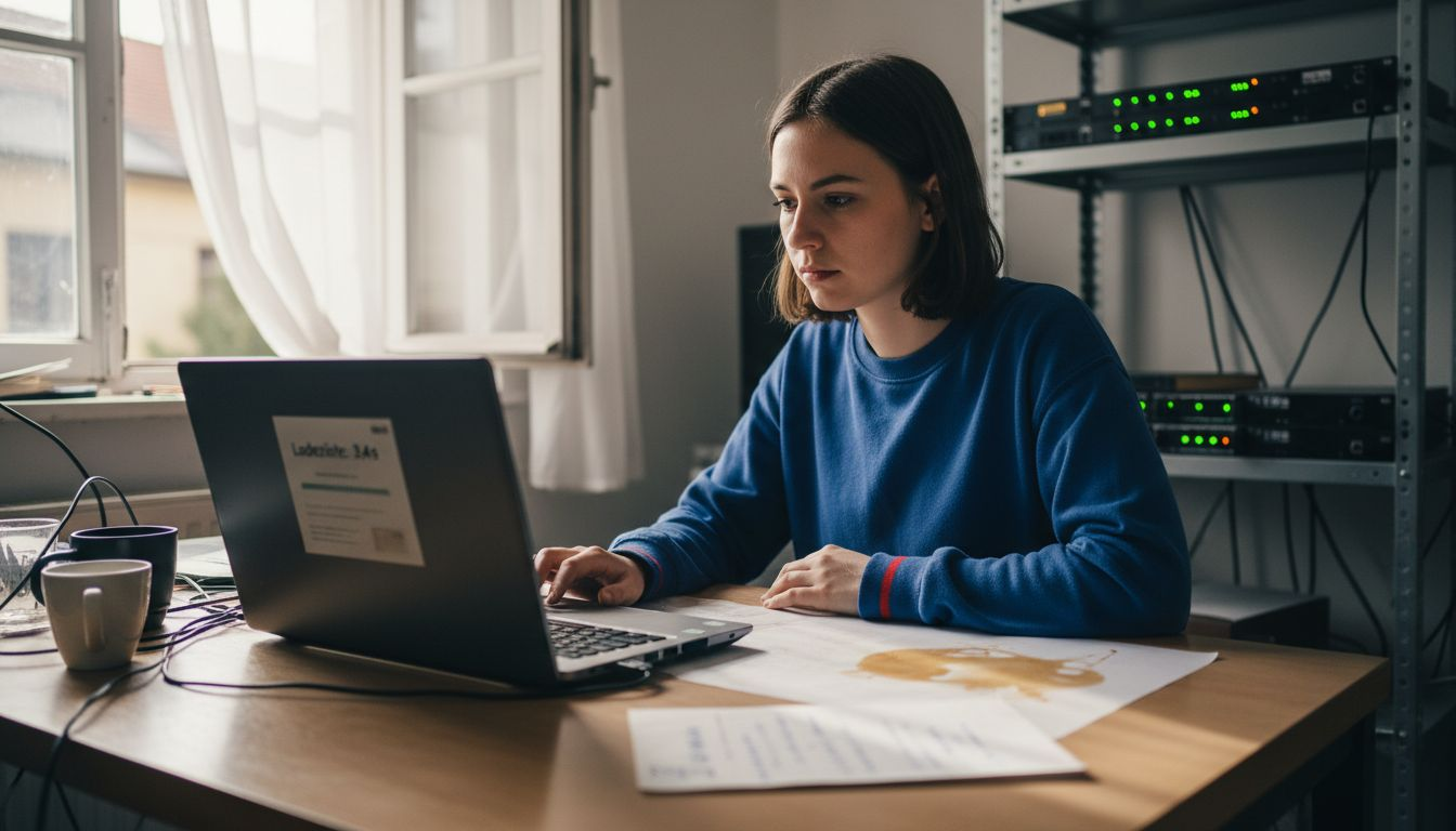 Eine Mitarbeiterin überprüft im Büro, wie schnell eine Webseite lädt.