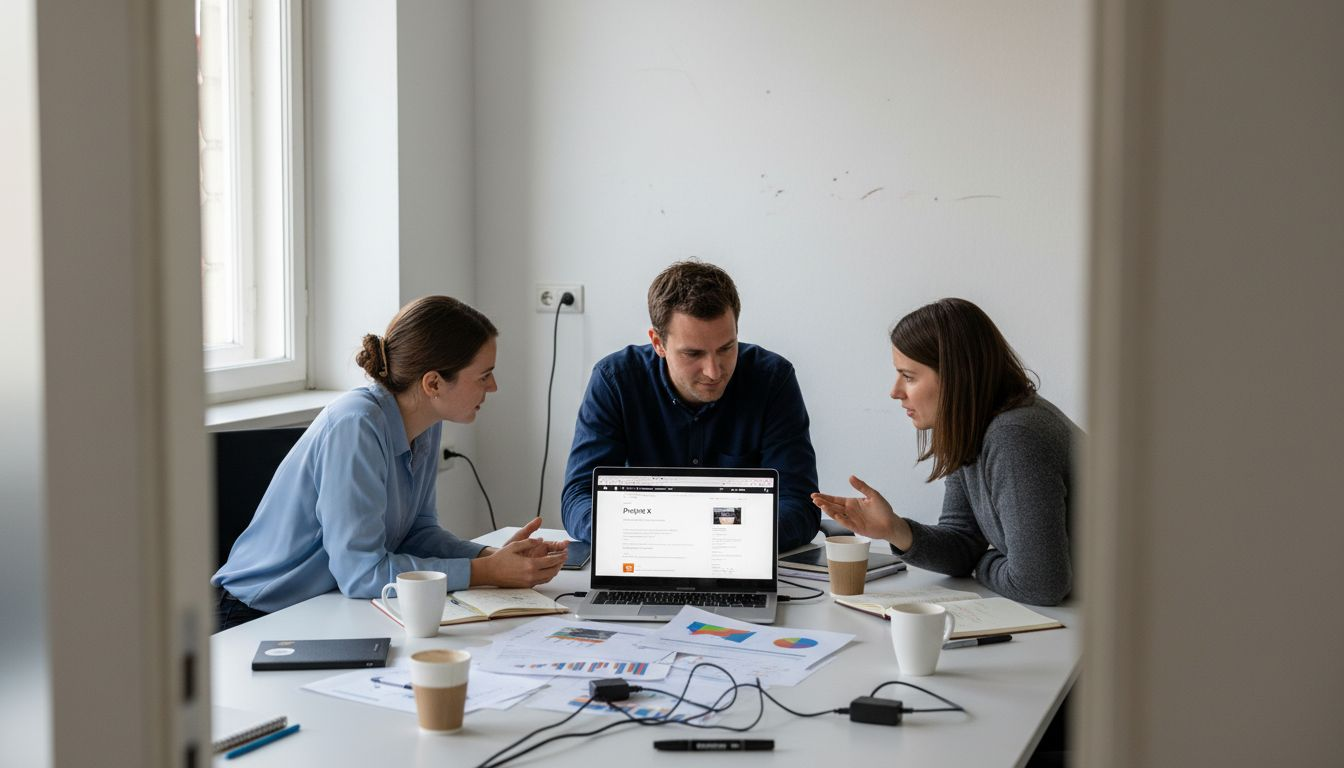 Das Team setzt sich zusammen, um gemeinsam neue Ansätze zur Optimierung der Website zu erarbeiten.