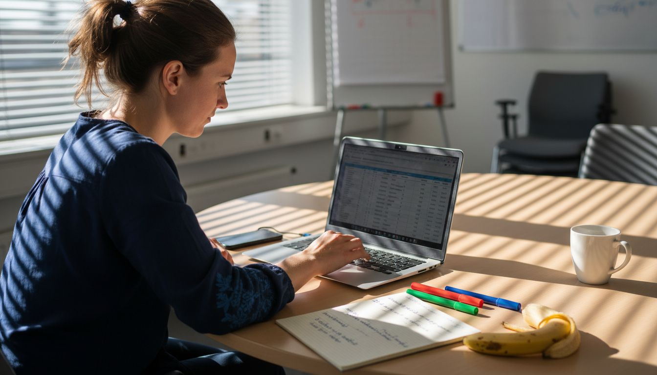 Eine Frau sitzt am Tisch und analysiert die Daten ihrer Suchkampagne.