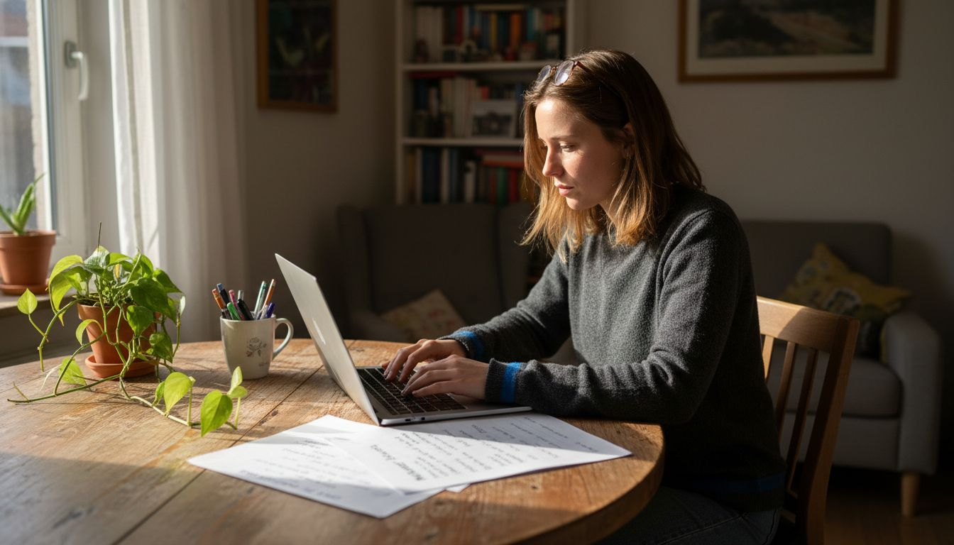 Eine Frau arbeitet an ihrem Content gemütlich am Küchentisch.