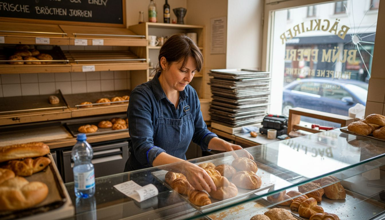 Eine Bäckerin schmückt liebevoll die Verkaufstheke in ihrer kleinen Bäckerei.