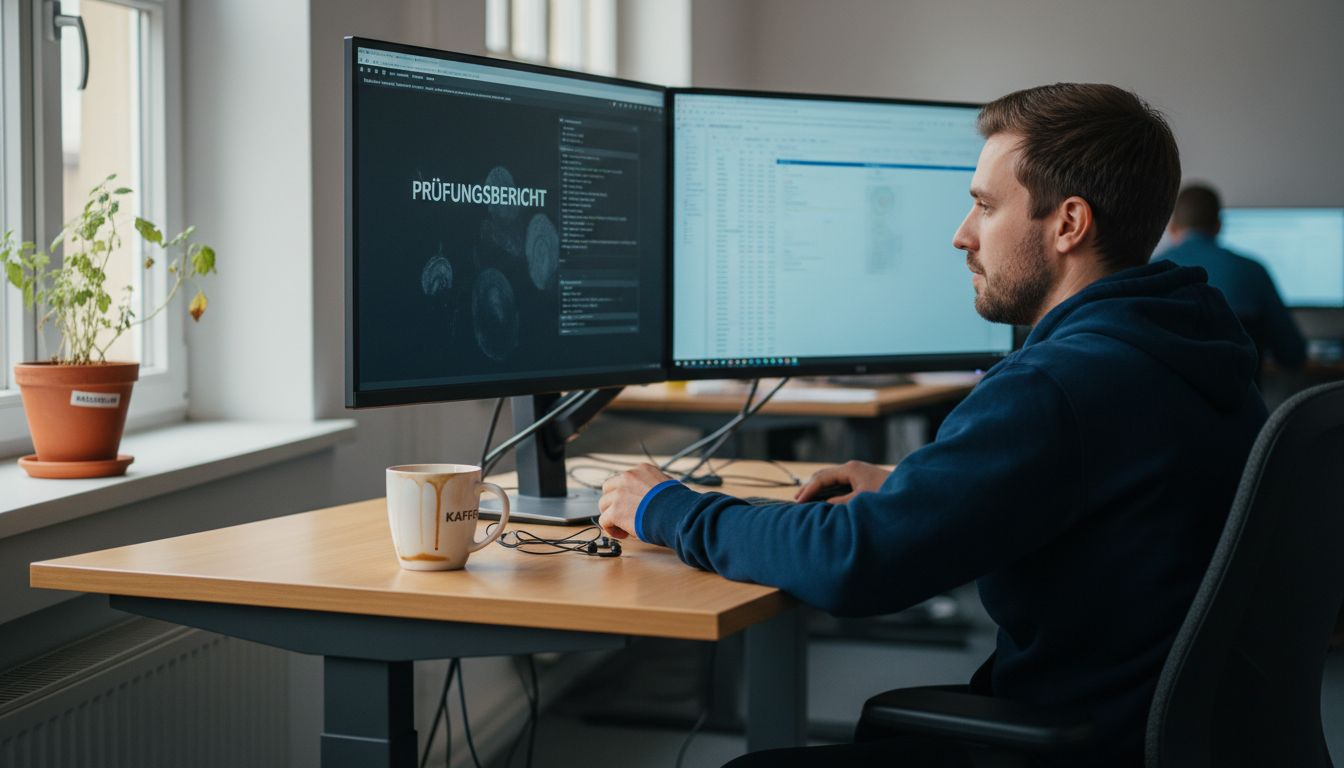 Ein Webentwickler prüft am Schreibtisch die Ergebnisse eines technischen Audits.