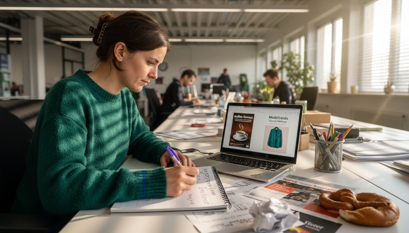Eine Frau prüft verschiedene Entwürfe für Werbeanzeigen und macht sich dazu Notizen.