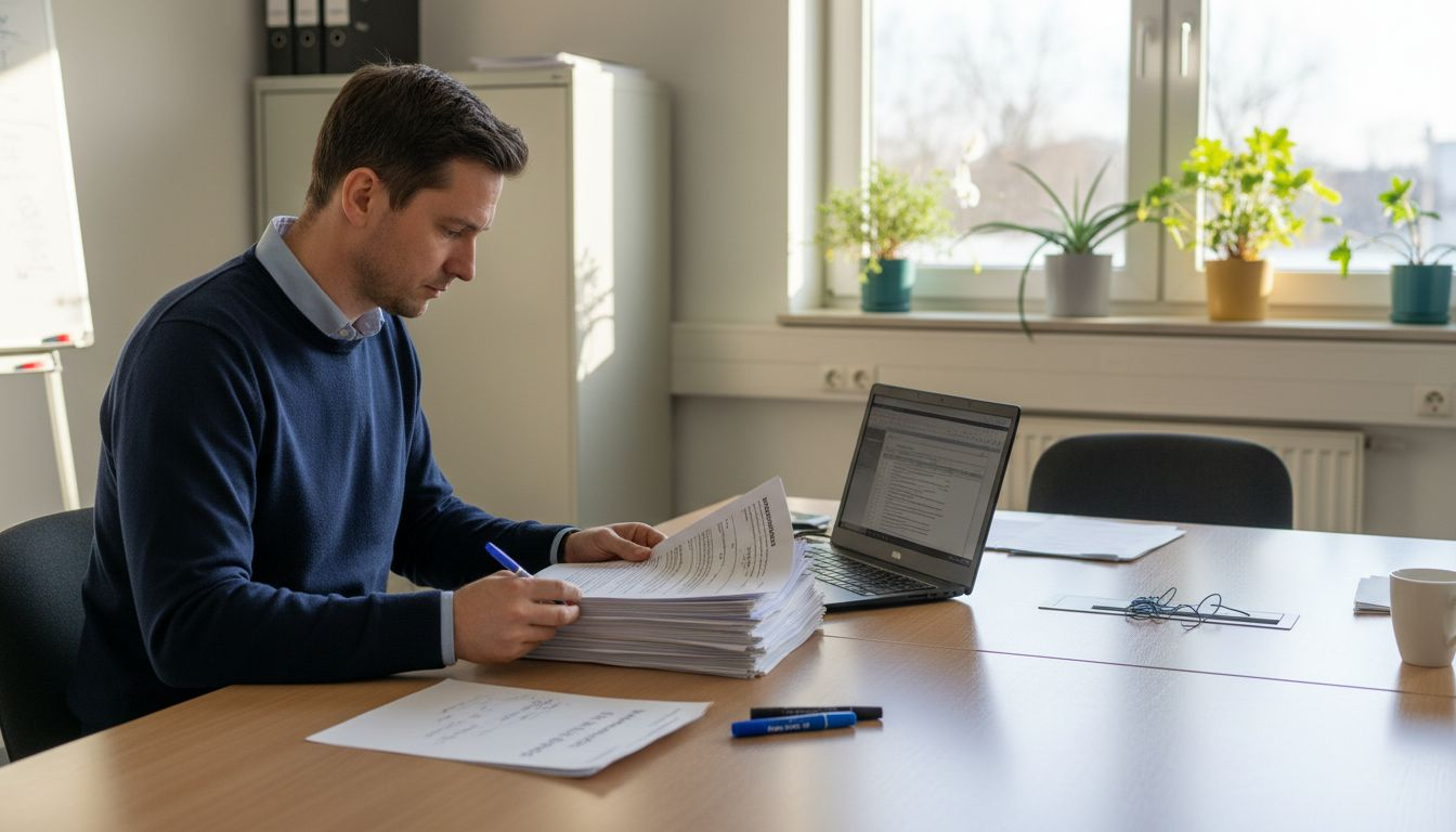 Ein Manager überprüft die Einhaltung der Marketing-Richtlinien anhand entsprechender Dokumente.